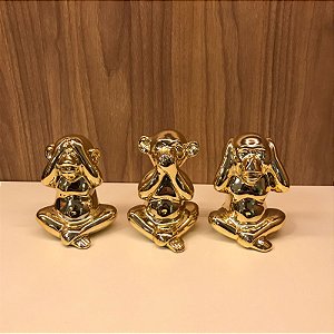 TRIO DE ESCULTURA MACACO DA SABEDORIA DOURADO