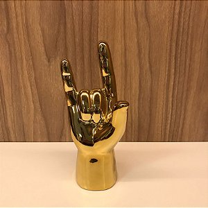 ESCULTURA DE CERAMICA MAO ROCK DOURADO