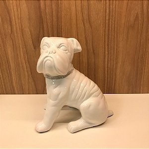 ESCULTURA BULDOG BRANCO COM COLEIRA EM CERAMICA