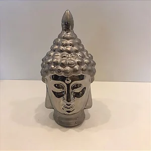ESCULTURA CABEÇA BUDA DECORATIVA PRATA EM CERAMICA