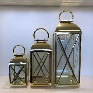 CONJUNTO  3 LANTERNAS DOURADAS  DE METAL E VIDRO