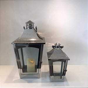 CONJUNTO DE LANTERNAS PRATAS COM ALÇA EM COURO - 2PÇS.