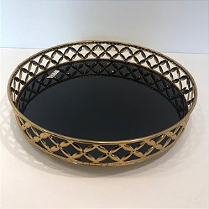BANDEJA REDONDA DOURADA COM VIDRO PRETO - 5X25CM