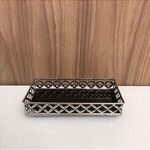 BANDEJA RETANGULAR PRATA COM VIDRO PRETO - 5X12X24CM
