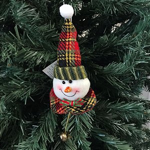 ENFEITE PINGENTE CABEÇA BONECO DE NEVE COM SINO