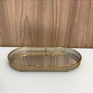 BANDEJA RETANGULAR DE METAL DOURADO COM ESPELHO PRATA - PEQUENA