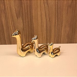TRIO DE  LHAMAS EM CERAMICA DOURADO