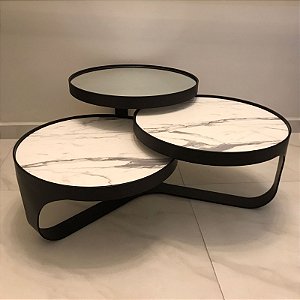 MESA DE CENTRO ORGANICA 3 TAMPOS MARMORIZADA COM ESPELHO