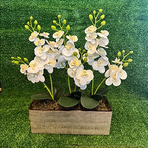 ARRANJO COM MINI ORQUIDEAS E CACHEPOT RETANGULAR 41X29X14CM