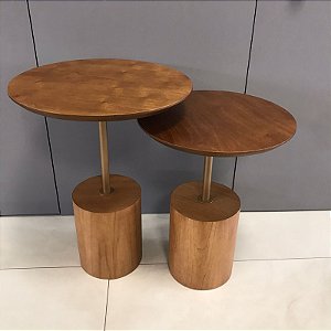 CONJUNTO MESA LATERAL REDONDA  MADEIRA E METAL DOURADO