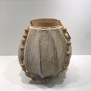 LANTERNA DECORATIVA JUTA E MADEIRA COM ALÇA PEQUENO