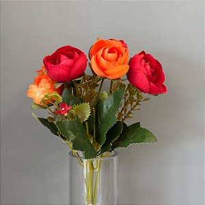 BUQUE MINI ROSA VERMELHA E LARANJA COM COMPLEMENTO