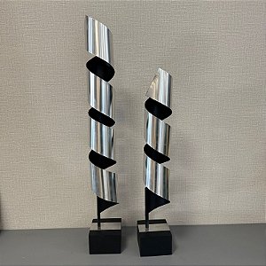 ESCULTURA ESPIRAL DE METAL COM BASE DE MADEIRA G 85x12cm M 60x12cm