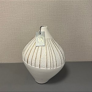 VASO EM CERAMICA BRANCO COM LISTRAS DOURADA PEQUENO