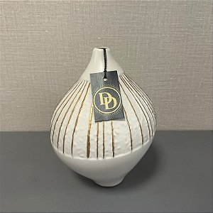VASO EM CERAMICA BRANCO COM LISTRAS DOURADA GRANDE