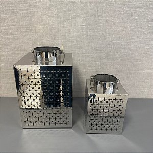 LANTERNA DECORATIVA EM INOX PRATA G 26x20cm P 21x14cm
