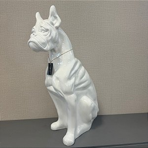 ESCULTURA CACHORRO BULDOG SENTADO BRANCO 75X27CM