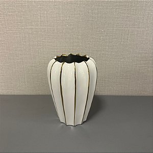 VASO DECORATIVO DE CERAMICA BRANCO COM LISTRAS DOURADA PEQUENO
