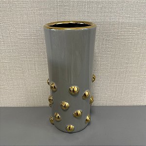 VASO DECORATIVO CIN]ZA COM BOLAS DOURADAS 28CM
