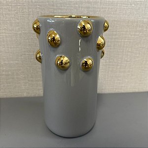 VASO DECORATIVO CINZA COM DETALHE EM BOLAS DOURADAS 23CM