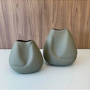 Vaso Dueto Lunar Verde em Ceramica G 27x26cm M 21x23cm