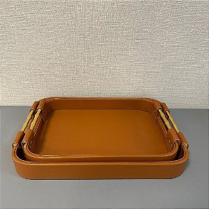Bandeja Decorativa em Pu Terracota e Metal Dourado 36cm e 41cm