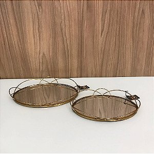 Bandeja em Metal Oval com Espelho Dourada 41cm e 35cm