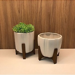 Cachepot 2 Gomos Off White com Suporte em Madeira