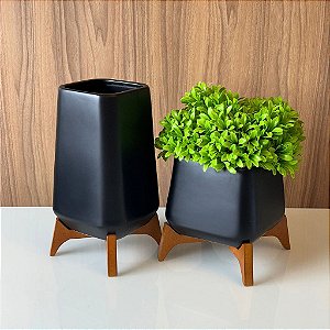 Cachepot Belgica com Suporte em Madeira 36cm e 23cm