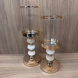 CASTIÇAL DOURADO COM BRANCO CUPULA DE VIDRO 35X12CM