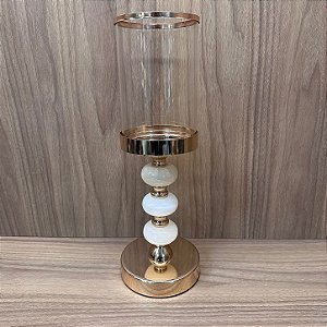 CASTIÇAL DOURADO COM BRANCO CUPULA DE VIDRO 35X12CM
