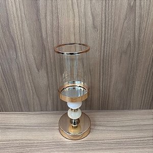 CASTIÇAL DOURADO COM BRANCO CUPULA DE VIDRO 30,5X12CM