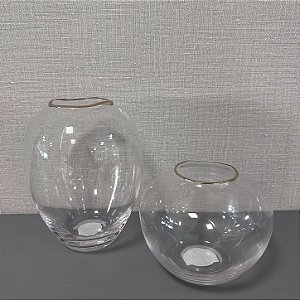VASO EM VIDRO TRASPARENTE COM BORDA DOURADA G 23X18CM E M 15X18CM