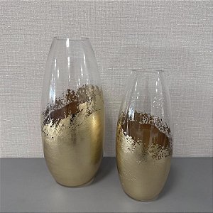 VASO DE VIDRO TRANSPARENTE , DOURADO