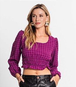 Blusa Cropped Feminina Manga Longa Estampada Xadrez-Endless