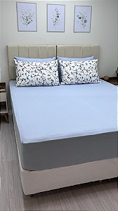 Conjunto de Lençol e fronha Azul Bebê com borboletas Azuis e Lilás - Casal