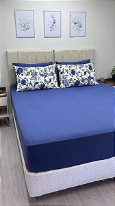 Conjunto de Lençol Azul Marinho com fronhas Flores Azuis Grandes - Queen