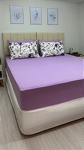 Conjunto de Lençol Lilás com fronhas Flores Roxas Grandes