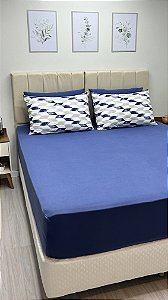 Conjunto de Lençol Azul Marinho com fronhas Geometrica- Queen