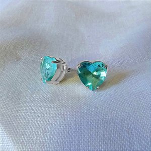 Brinco Coração Pedra Azul Claro - Prata