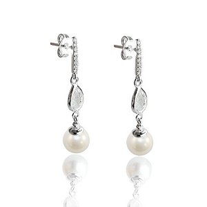 Brinco Pendente Com Cristais e Pérola - Prata