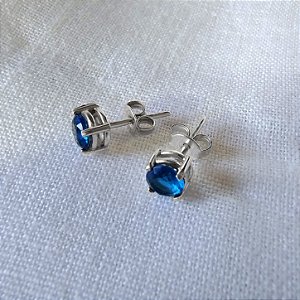 Brinco Solitário Azul Redondo - Prata