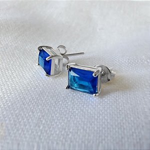 Brinco Solitário Azul Retangular - Prata