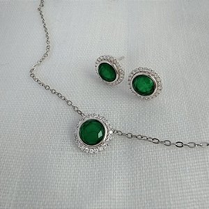 Conjunto Colar e Brinco Esmeralda - 50cm - Prata