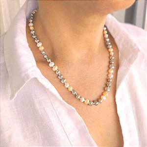 Conjunto Colar e Pulseira Pérola Barroca Ouro Branco - 45cm - Semijoia