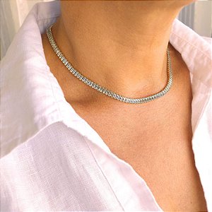 Conjunto Colar e Pulseira Riviera Baguete Cristal Azul - 38cm - Semijoia