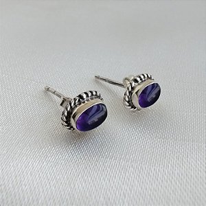 Brinco Pedra Natural Oval Cor Ametista - Prata