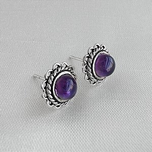 Brinco Pedra Natural Cor Ametista - Prata