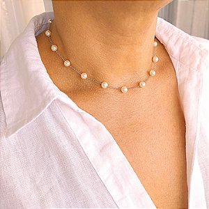 Choker Pérolas 6mm Ouro Branco - 35cm - Semijoia