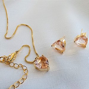 Conjunto Colar e Brincos Coração Pedra Morganita - Semijoia